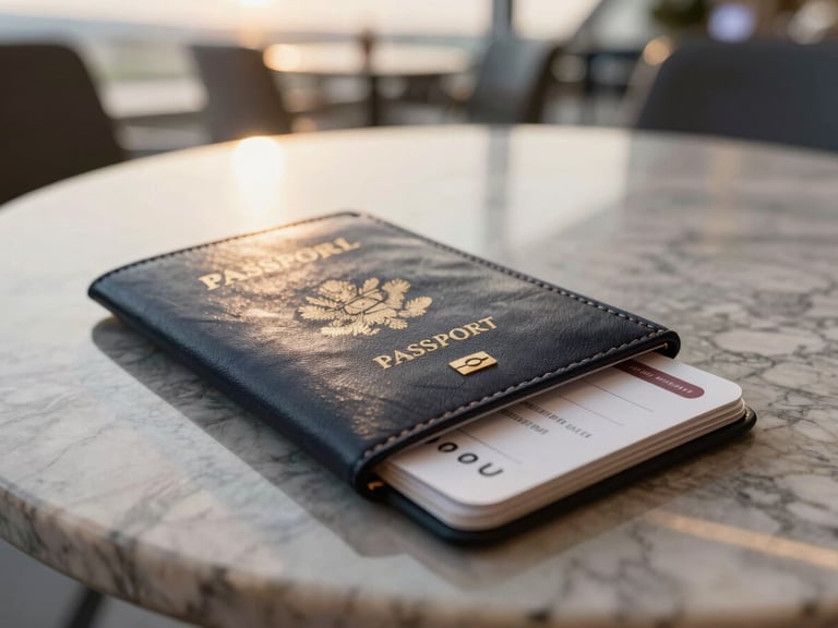 Tight close-up of a premium leather passport holder and boarding pass resting on a polished marble table in a quiet airport lounge, soft golden hour lighting.