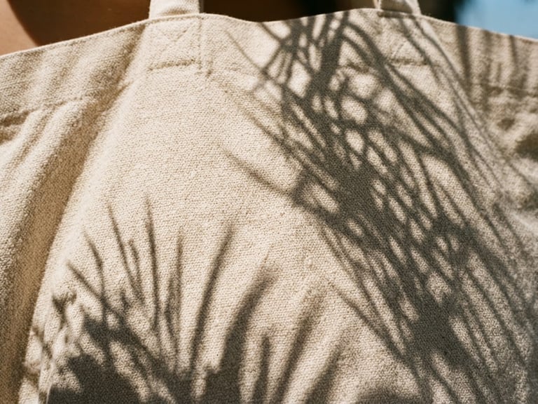 Close-up of premium heavy cotton fabric texture with warm direct sunlight and sharp palm shadows, 35mm film