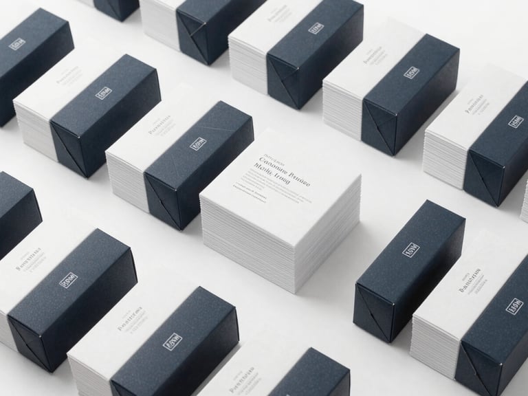 Organized stacks of premium corporate packaging with custom branding details, crisp studio product photography
