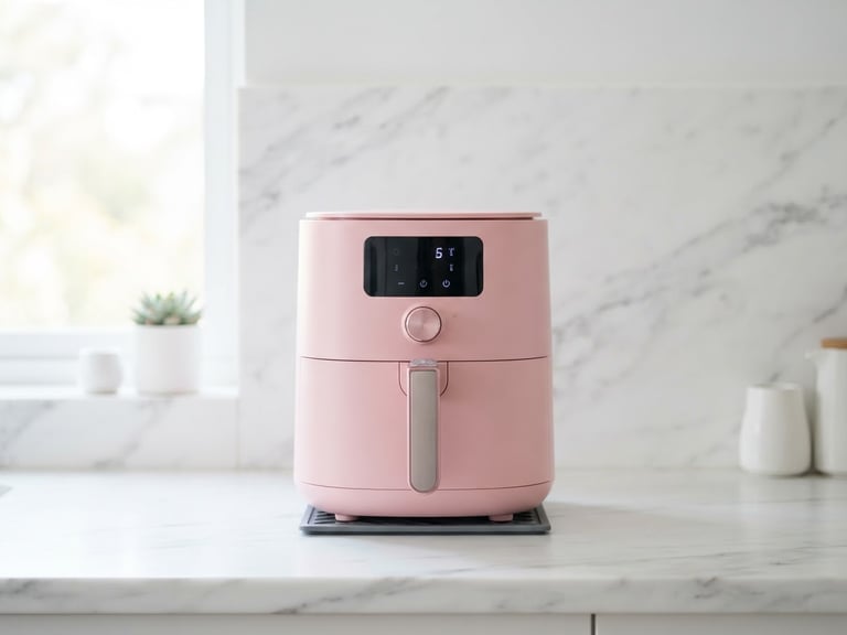 Eye-level straight-on architectural shot of a pink air fryer on a pristine white marble countertop, soft natural window light, crisp details, 50mm lens