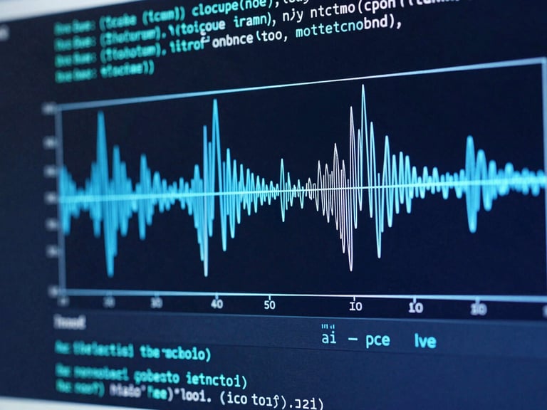 un écran de diagnostic affichant des courbes d'ondes techniques et du code binaire, avec un éclairage bleu électrique, ambiance haute technologie, clinique