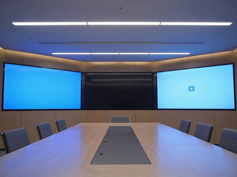 Wide-angle shot of a modern corporate boardroom with integrated AV, crisp display screens, and architectural lighting, cool blue tones.