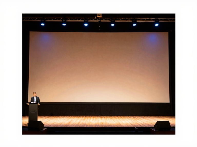 Panoramic view of a professionally staged live event with a large projection screen, dynamic lighting, and a presenter on stage, warm amber tones.