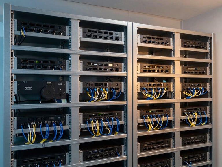 Medium shot of a clean, organized AV rack with neatly cabled equipment in a corporate setting, professional architectural photography.