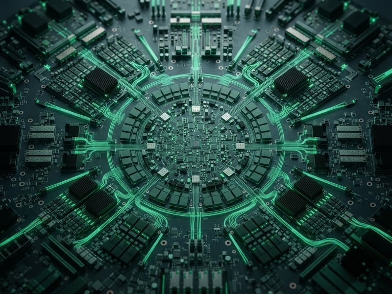 Top-down technical schematic of a secure private cloud AI cluster, high contrast slate and emerald green lighting, sharp macro focus