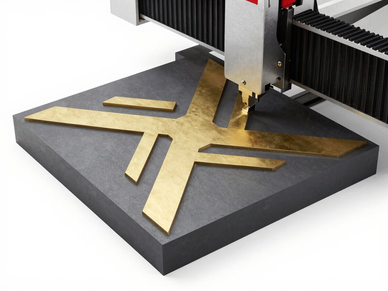 A high-precision CNC machine cutting a custom geometric pattern into a gold-accented composite panel, clean studio lighting, sharp focus