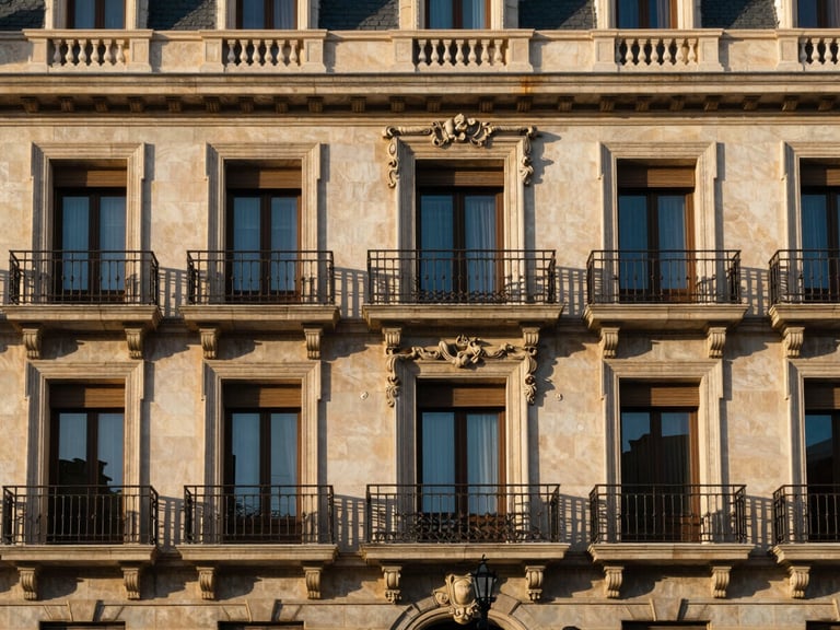 Elegant architectural facade in Madrid, classic stone balconies combined with modern steel frames, warm afternoon sun, medium format photography