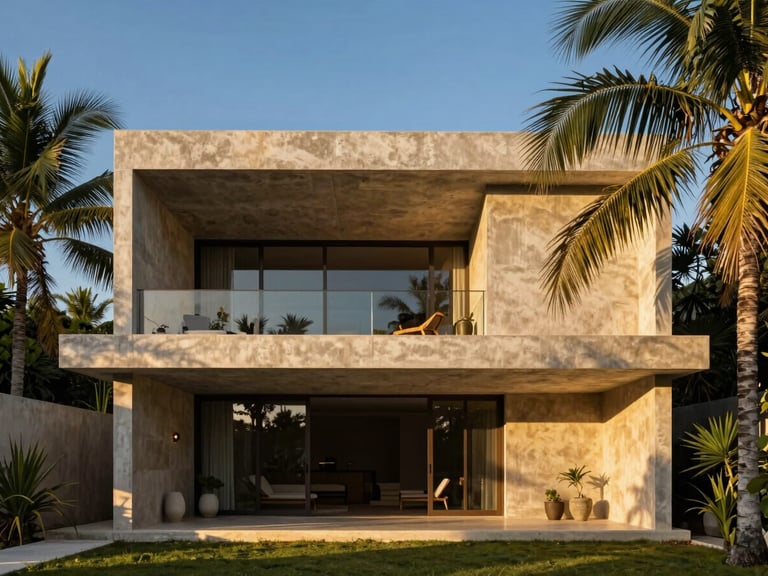 Elegant architectural photography, warm golden hour light, brutalist concrete villa in Tulum framed by lush tropical palm leaves, medium format, editorial composition.