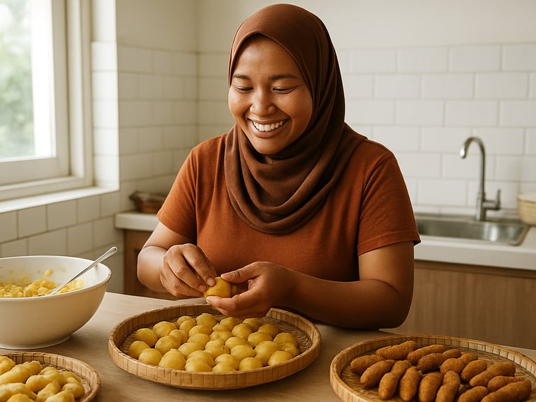 Smiling Indonesian women in a bright kitchen workspace preparing traditional snacks, natural window light, clean setup, authentic documentary, 35mm
