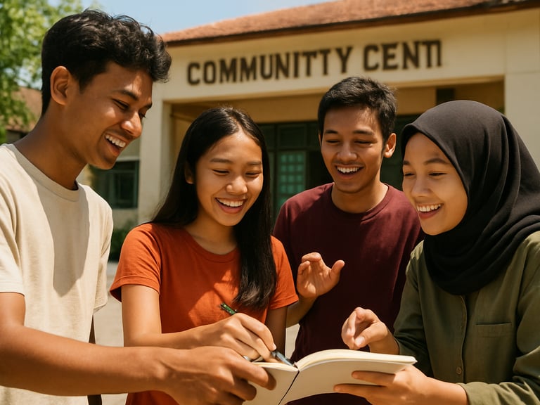 Group of active Indonesian youths collaborating outdoors near a community center, smiling, dynamic framing, bright daylight, authentic documentary, 35mm