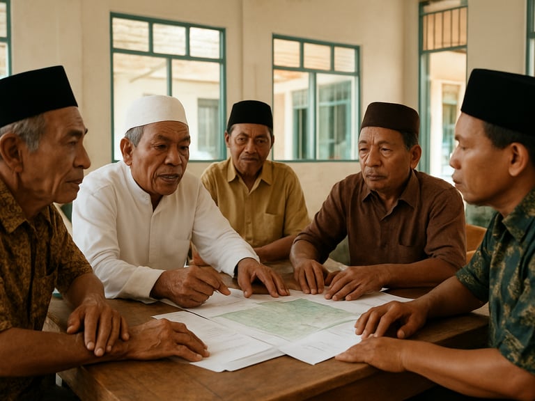 Indonesian village elders and local leaders discussing around a wooden table in a bright community hall, papers and maps visible, natural daylight, 35mm