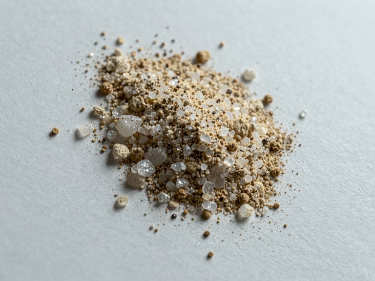 Overhead macro close-up of lyophilized powder crystals scattered across a matte white surface, fine granular texture visible under cool even studio lighting, gold-toned powder particles catching ambient light, precise laboratory aesthetic