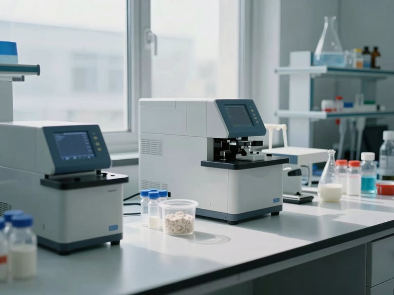 R&D laboratory workbench with analytical instruments, pipettes, and sample vials containing lyophilized powder, cool even daylit illumination from a wide window, no personnel, clean white surfaces