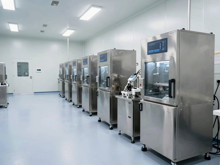 Wide GMP clean-room interior showing automated lyophilization equipment in a white-walled production bay, even cool overhead technical lighting, no personnel, sterile stainless-steel machinery in the right two-thirds of the frame, generous negative space on the left