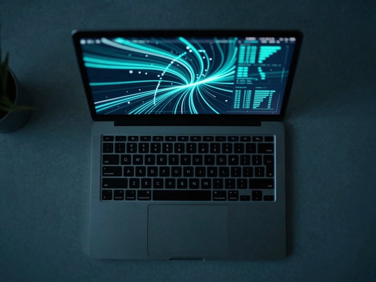 Overhead flat lay of a minimalist home office setup, laptop displaying abstract glowing data streams and financial projections. Subtle neon-teal highlights, cool-toned ambient light.