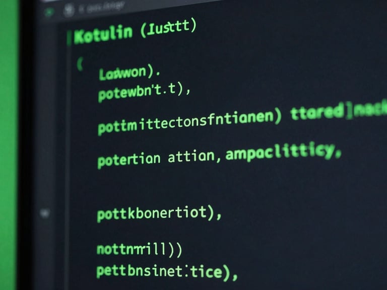 Close-up of clean Kotlin code on a dark monitor, glowing green syntax highlighting, sleek tech photography, cool studio lighting with neon green accents, sharp focus, 35mm