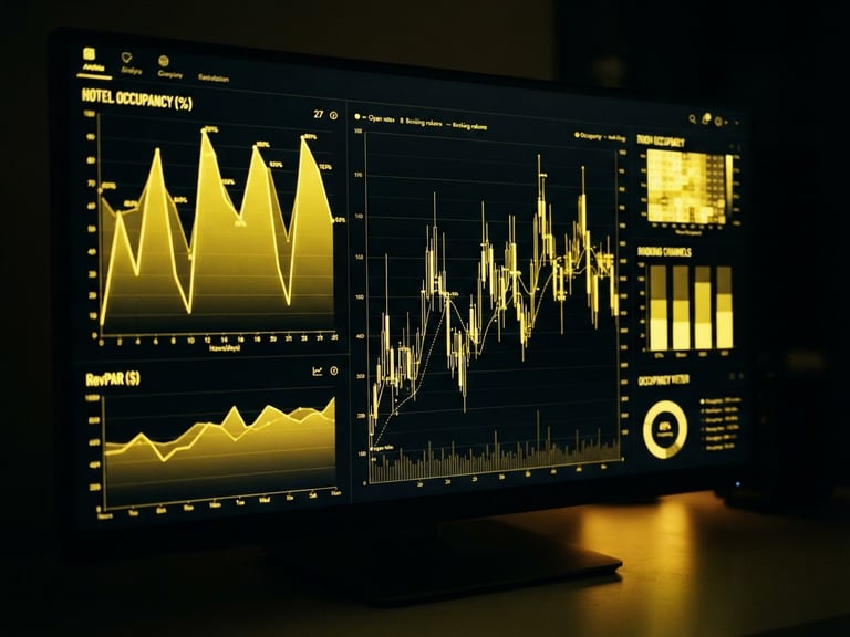 Sleek dark UI dashboard showing real-time hotel occupancy and RevPAR charts, glowing yellow lines, high-contrast dark aesthetic, 35mm
