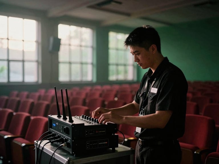 A dedicated crew member in a black uniform checking a wireless microphone receiver rack inside an empty auditorium at dawn, soft morning light filtering through windows, 35mm