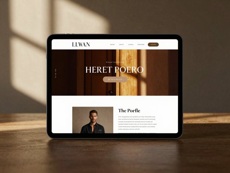 A highly styled UI mockup of a luxury portfolio website displayed on an elegant tablet, warm dramatic side-lighting, soft natural window shadows.