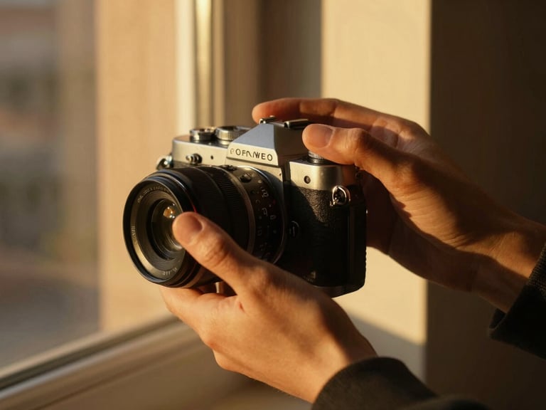 A close-up of hands adjusting a manual camera lens, warm golden hour light pouring through a window, rich shadows and tactile textures.