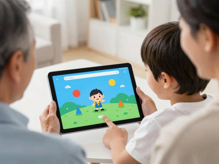 Over-the-shoulder shot of an older adult and a young child smiling together while interacting with a clean, high-contrast educational app on a tablet, vibrant screen glow, modern home interior, 35mm.