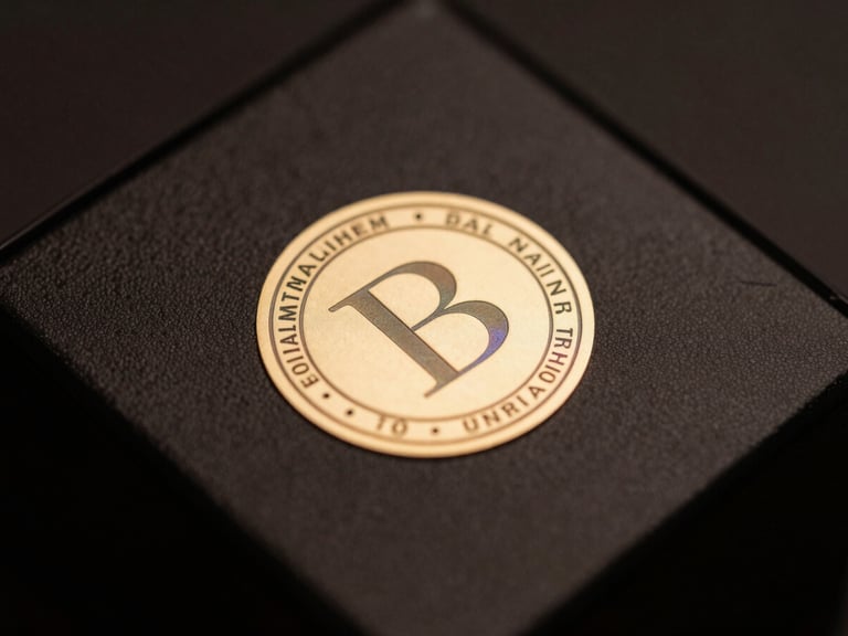 Macro close-up of a holographic authenticity seal on a luxury perfume box, dark obsidian background, sharp gold highlights, low-key lighting.