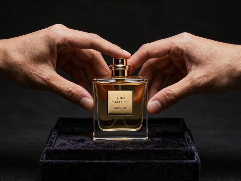 Elegant hands gently placing a luxury perfume bottle back into its velvet-lined box, dark textured background, dramatic low-key lighting, gold reflections.
