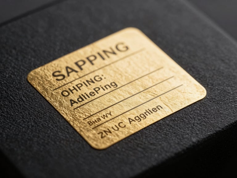 Luxury product photography, close-up of a gold-embossed shipping label on a dark textured package, dramatic low-key lighting, gold highlights, rich textures.