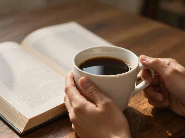 Close-up of hands holding a warm cup of coffee and an open book during a morning study, soft golden lighting.