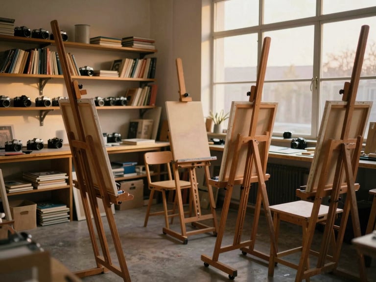 Wide environmental shot of an empty creative art studio at dusk, wooden easels standing ready, soft warm lamplight, shelves filled with art books and vintage cameras, cozy and inviting.