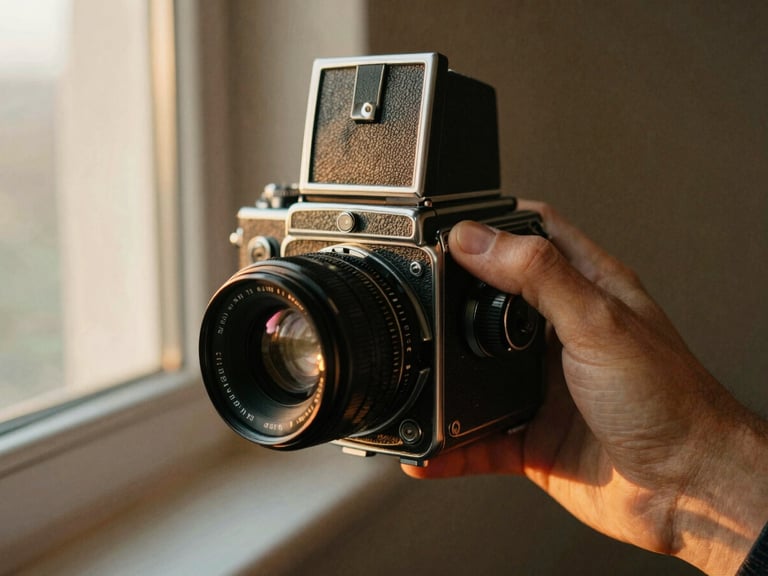 Close-up of a hand holding a vintage medium format camera, soft golden-hour window light, rich film grain, warm editorial photography style.