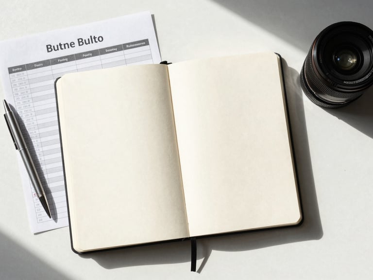 Overhead flat-lay of an open blank planning notebook beside a printed budget sheet and a pen, resting on a clean white desk under natural north-facing daylight, organized and ready to use