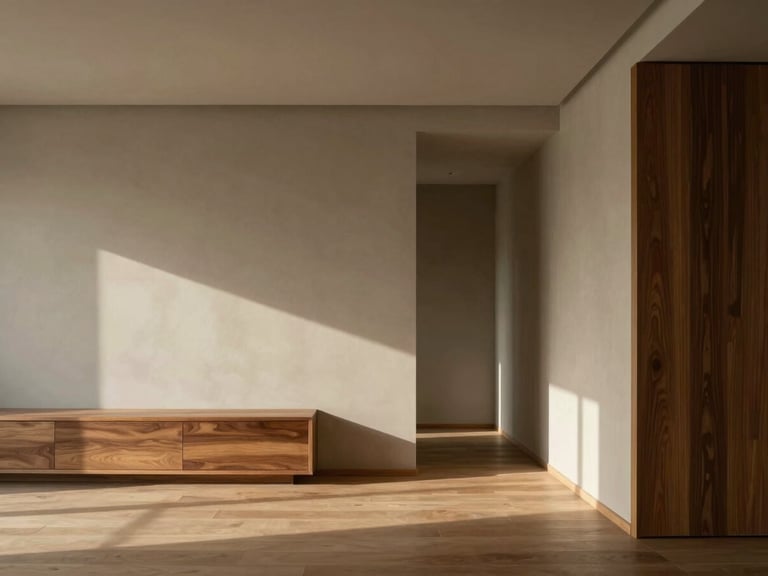 Wide-angle architectural medium-format photograph of a minimalist residential living space, warm greige walls, soft natural daylight casting long shadows, walnut wood paneling, low-contrast composition.
