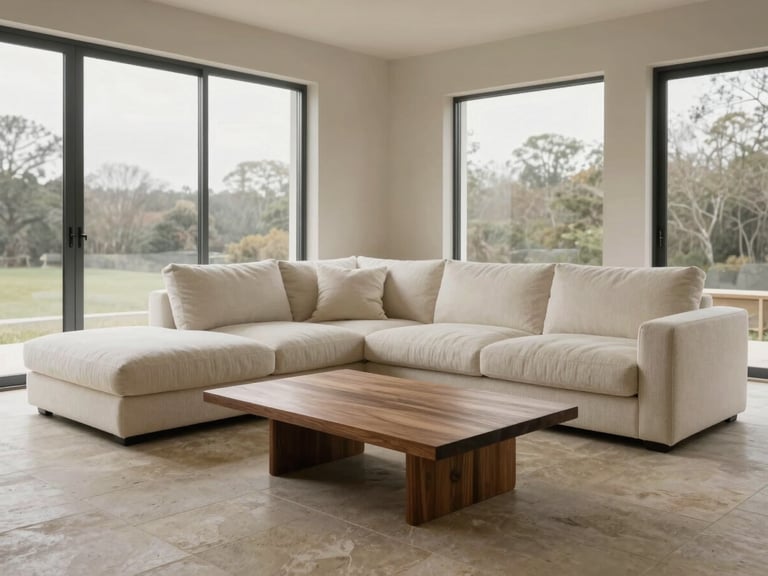 Wide architectural shot of a contemporary living room, low-profile modular sofa in off-white bouclé, solid walnut coffee table, natural stone flooring, large steel-framed windows with soft daylight