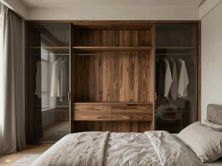 Expansive bedroom interior, custom walk-in wardrobe with fluted glass doors and internal walnut detailing, low-profile bed, neutral greige textiles, soft morning light