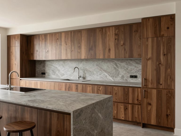 Wide-angle architectural shot of a long linear kitchen with a continuous grey stone countertop, flush handleless cabinets, soft daylight