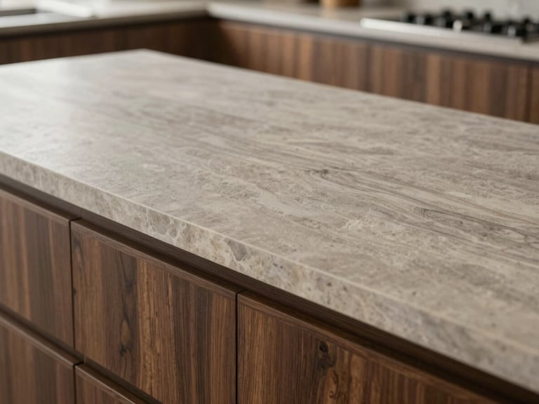 A close-up of a bespoke kitchen island where dark walnut grain meets a thick slab of textured natural stone, soft diffused daylight, medium format editorial composition