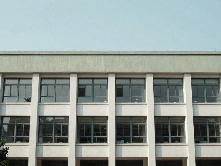 Architectural environmental shot of a modern institutional building facade, clear skies, soft natural daylight, muted cool tones.