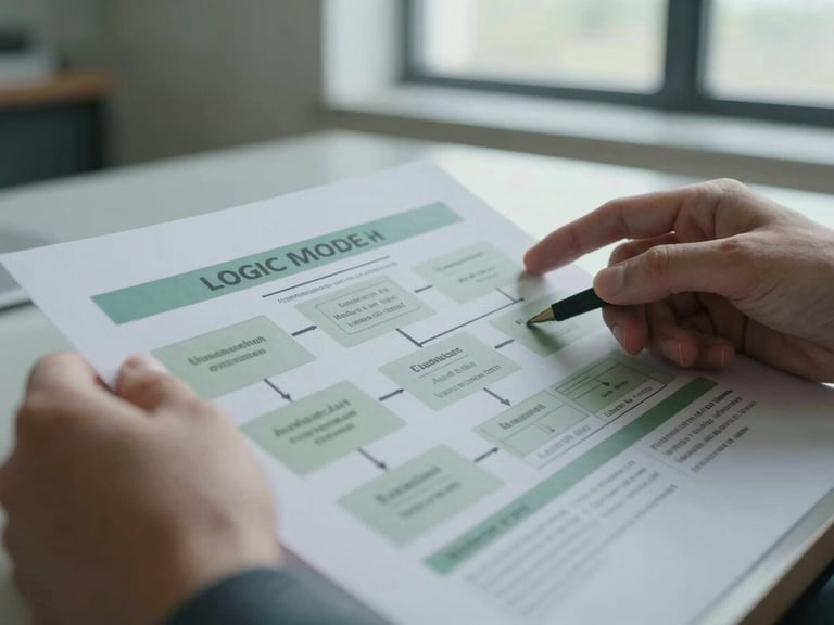 A close-up of hands reviewing a printed logic model flowchart on a desk, soft natural daylight from a window, muted cool tones, 35mm lens.