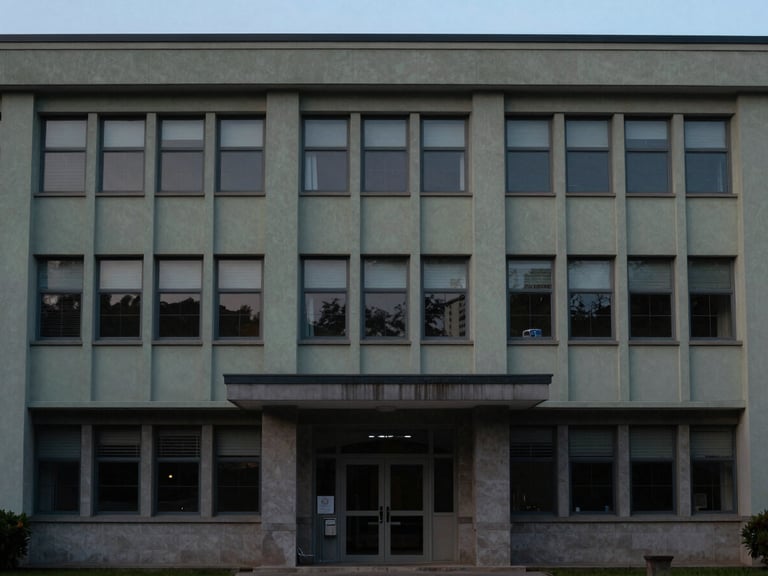 An institutional building facade at dusk, quiet architectural environmental shot, muted cool tones, 35mm lens.