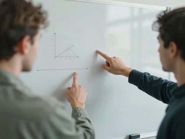 A collaborative working session, hands pointing at data visualizations on a whiteboard, diffused overcast daylight, muted cool tones, 35mm lens.
