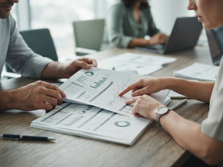 Close-up of hands reviewing printed data reports on a conference table, natural diffused light, focus on documents, collaborative working session