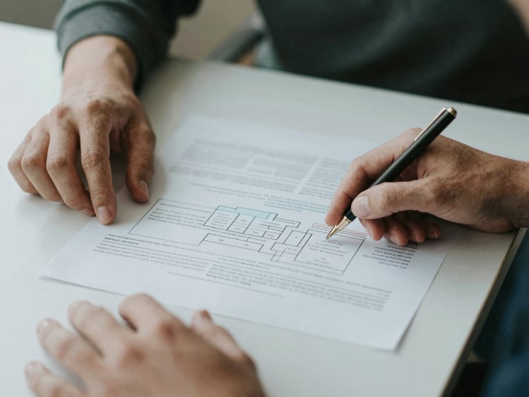 Hands reviewing printed data reports on a table, with a logic model diagram visible, soft natural daylight, muted cool tones.