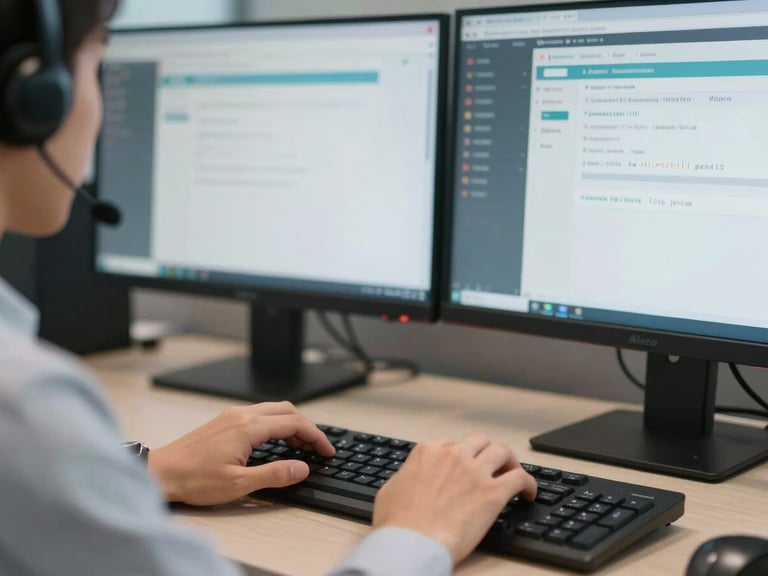 Close-up of a contact center agent's hands on a keyboard mid-call, dual monitors visible showing a CRM interface and call dashboard, headset cable in frame, even fluorescent office lighting, tight framing showing precision and focus—no face visible, only hands and screens