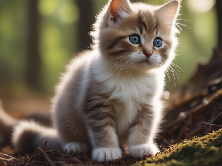 A curious kitten exploring a cozy corner filled with pet accessories.