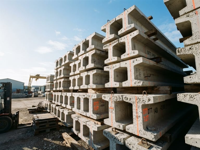 Low-angle shot of stacked double T concrete poles in a bright open-air factory yard, crisp morning sun casting sharp shadows, raw concrete texture, safety orange markings visible on the sides