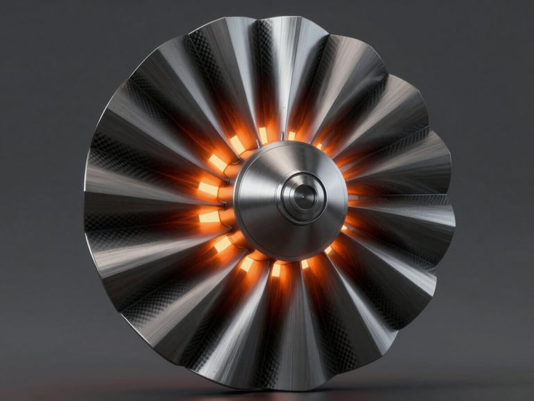 Abstract 3D render of a metallic turbine with glowing orange light leaks, dark brushed aluminum texture, octane render style, wide angle