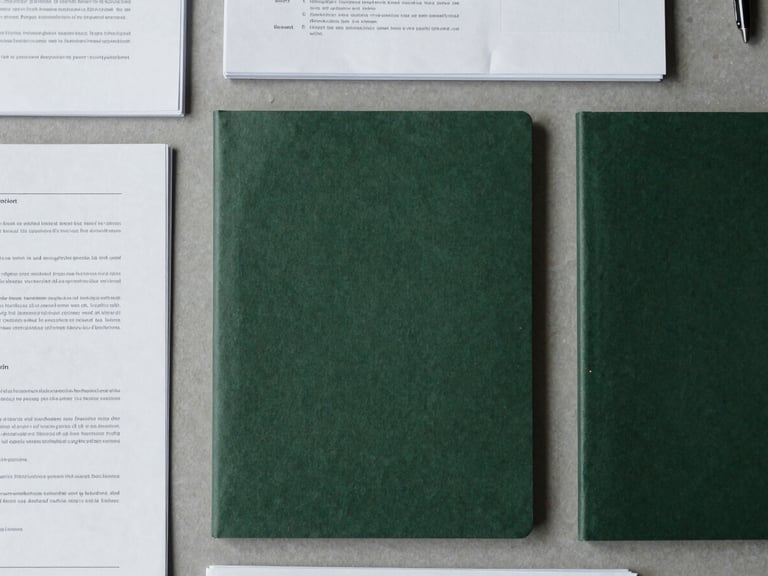 Flat-lay overhead shot of organized physical documents on a slate gray desk, cool overcast daylight, soft natural shadows, sharp focus, 35mm