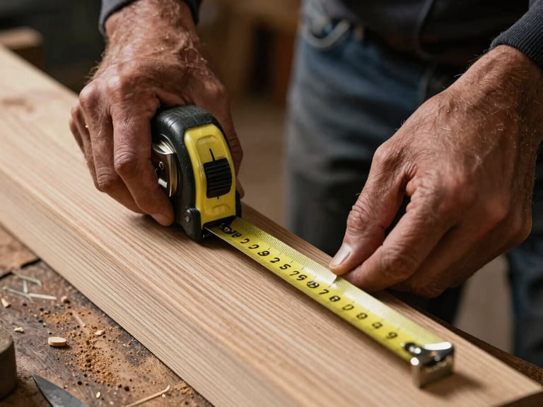 Tight macro shot of a carpenter's worn hands measuring oak timber with a brass-trimmed tape measure, dramatic workshop side-lighting, sharp focus, 35mm lens.