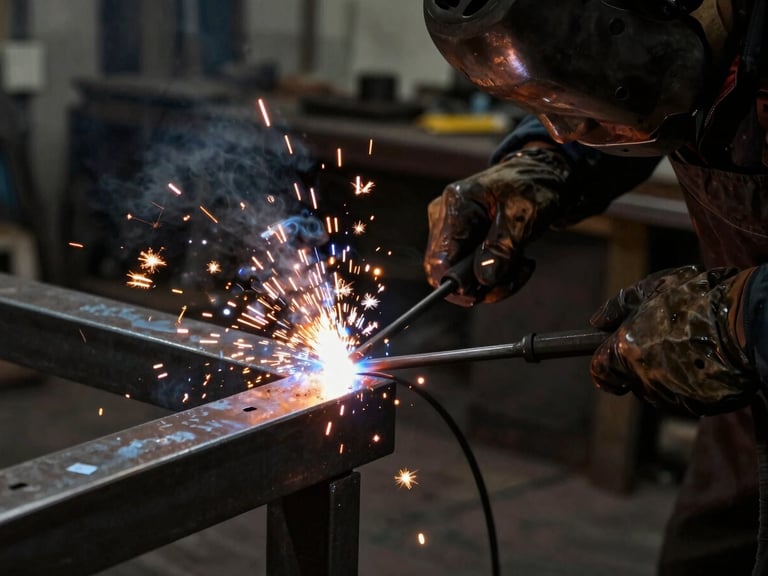 Close-up of a metalworker welding steel in a dark workshop, bright orange sparks flying, dramatic side-lighting, raw grit